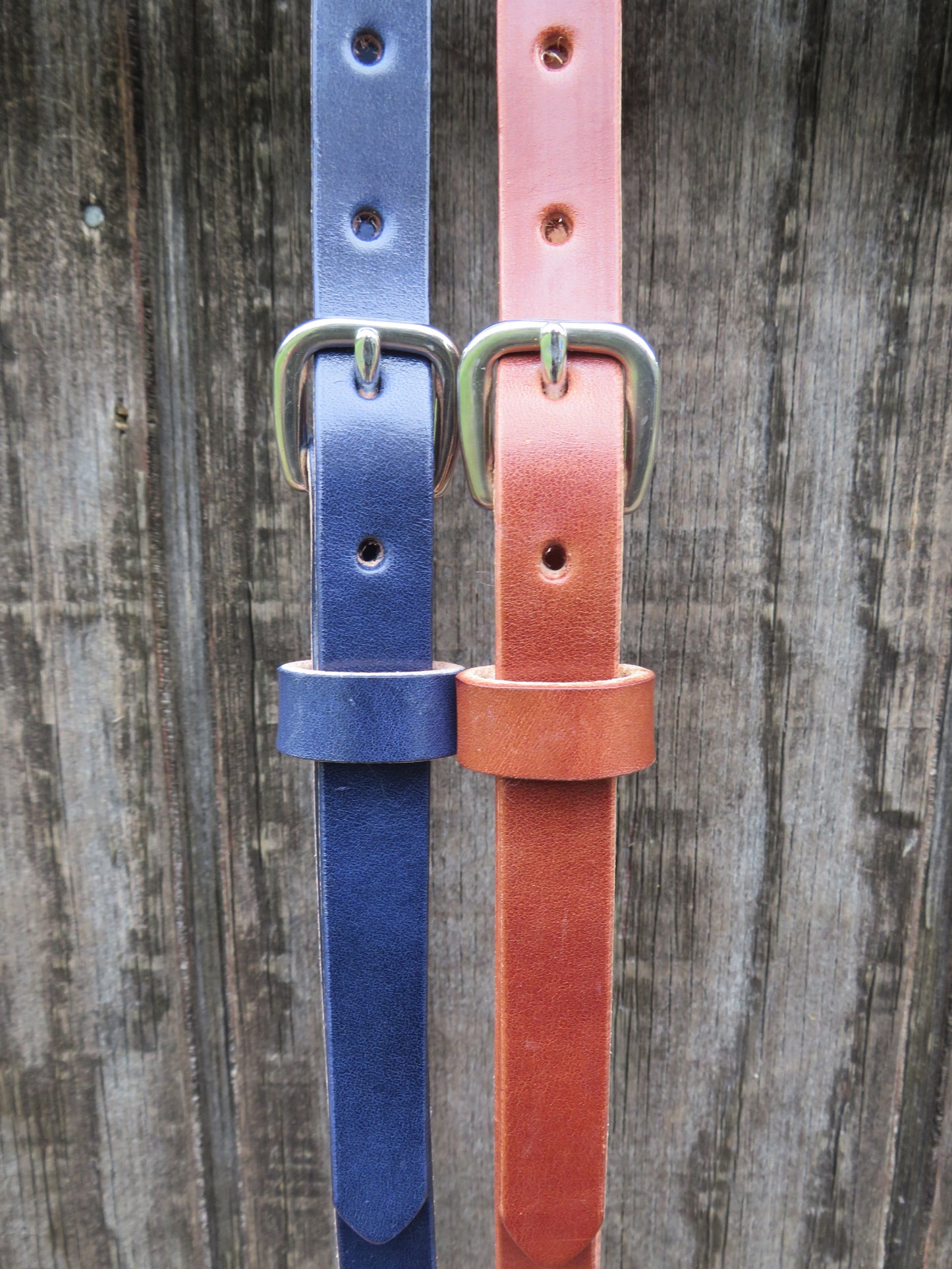 3/4" wide Wickett and Craig Harness Leather belt Navy Blue and Classic tan