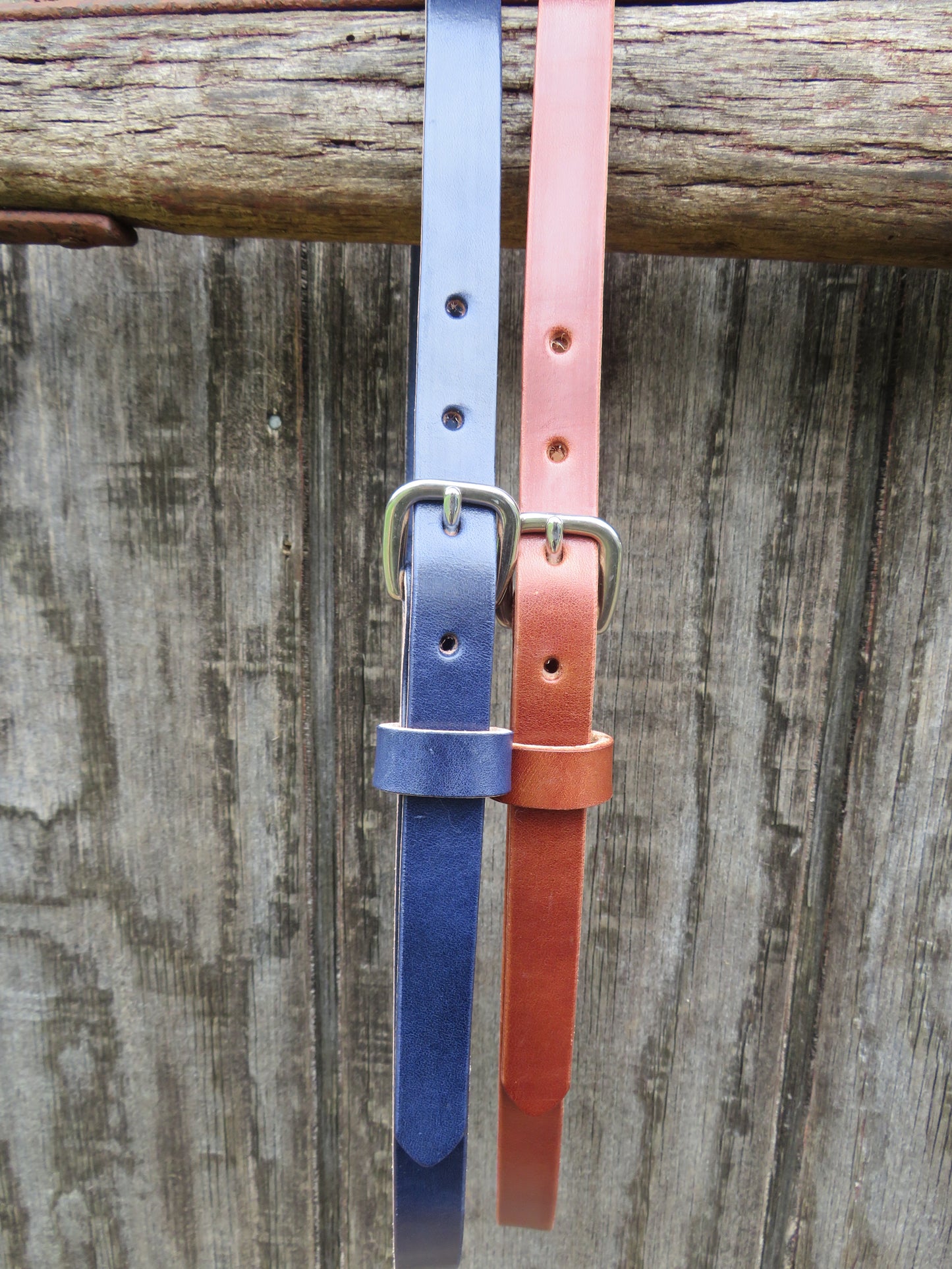 3/4" wide Wickett and Craig Harness Leather belt Navy Blue and Classic tan