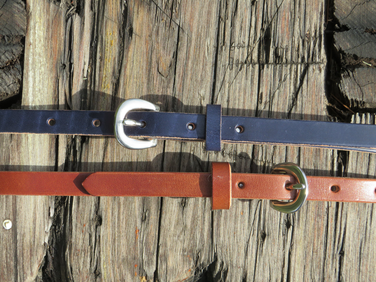 1/2" wide Wickett and Craig Harness Leather belt Navy Blue and Classic tan