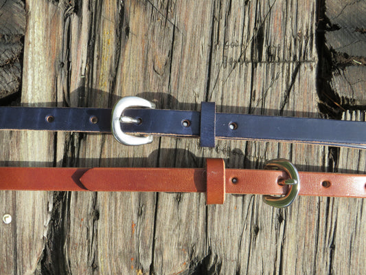 1/2" wide Wickett and Craig Harness Leather belt Navy Blue and Classic tan