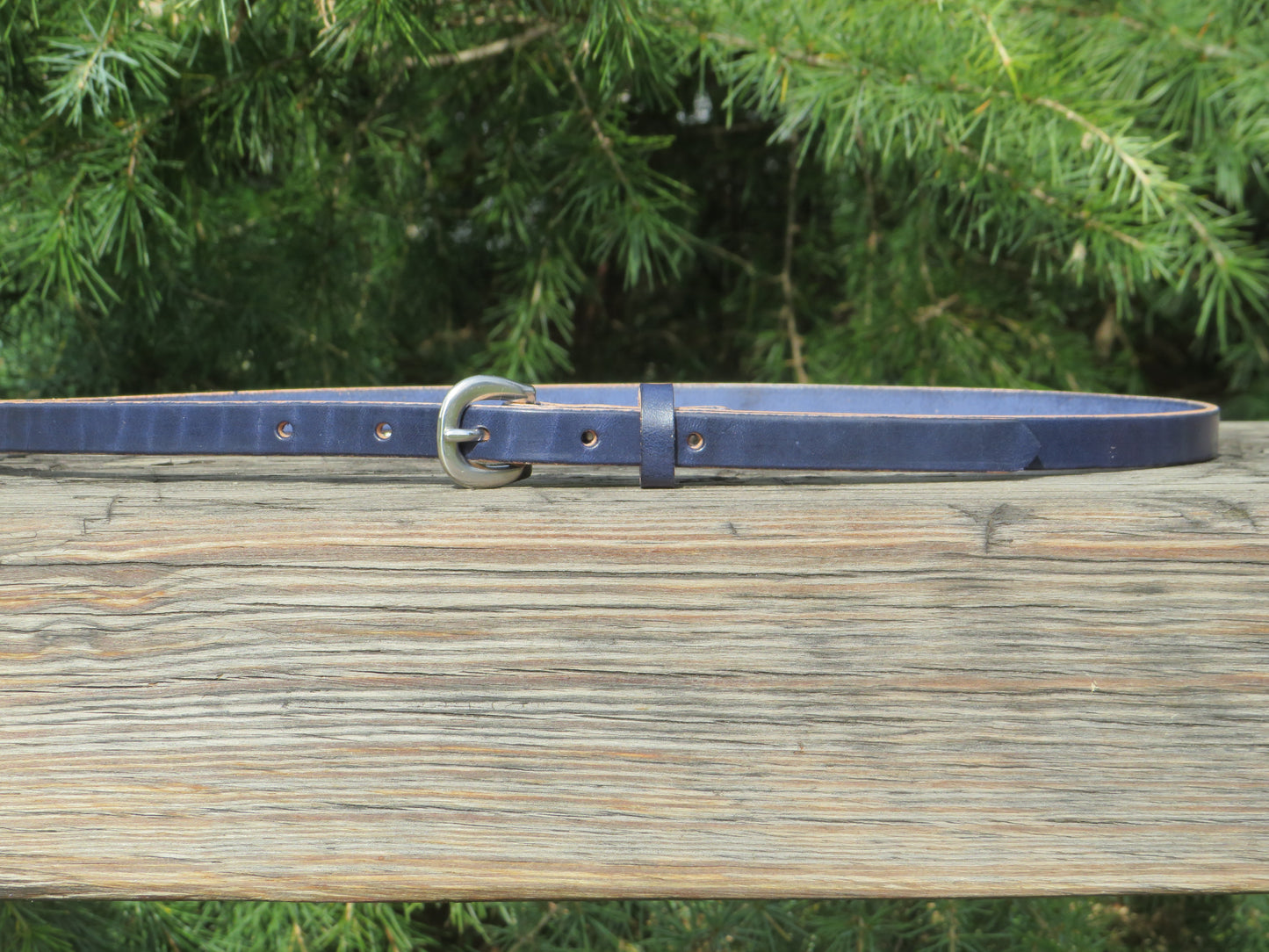 1/2" wide Wickett and Craig Harness Leather belt Navy Blue and Classic tan