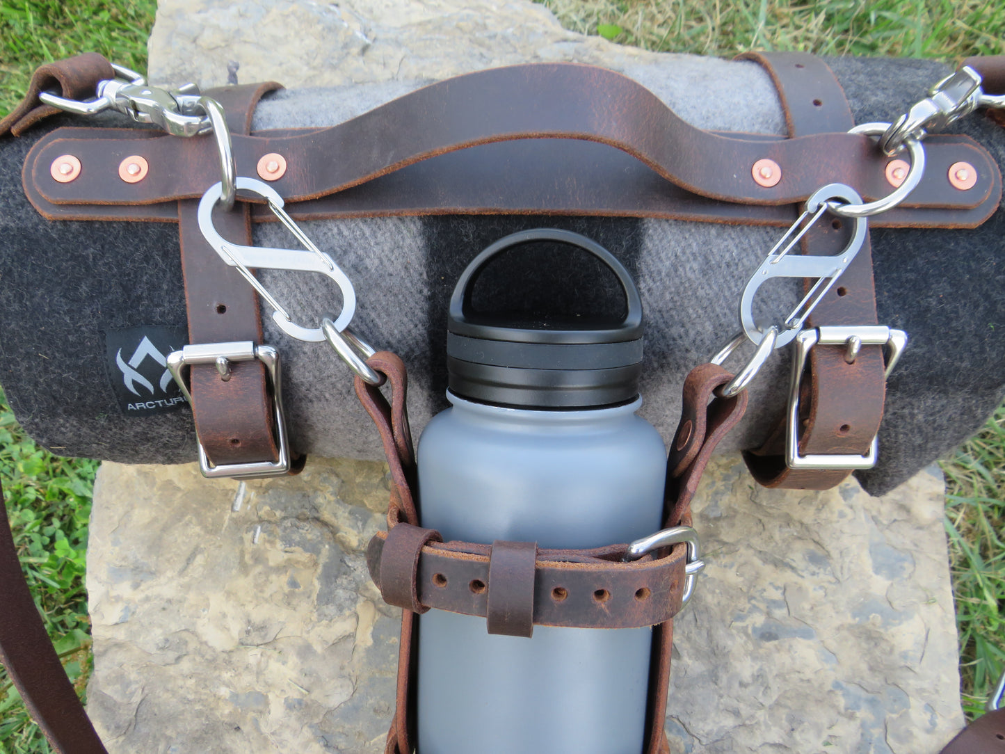 Hand made Crazy Horse Water Buffalo leather blanket carrier with matching water bottle carrier with wool blanket and bottle