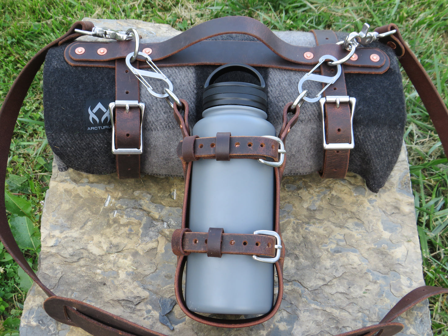 Hand made Crazy Horse Water Buffalo leather blanket carrier with matching water bottle carrier with wool blanket and bottle