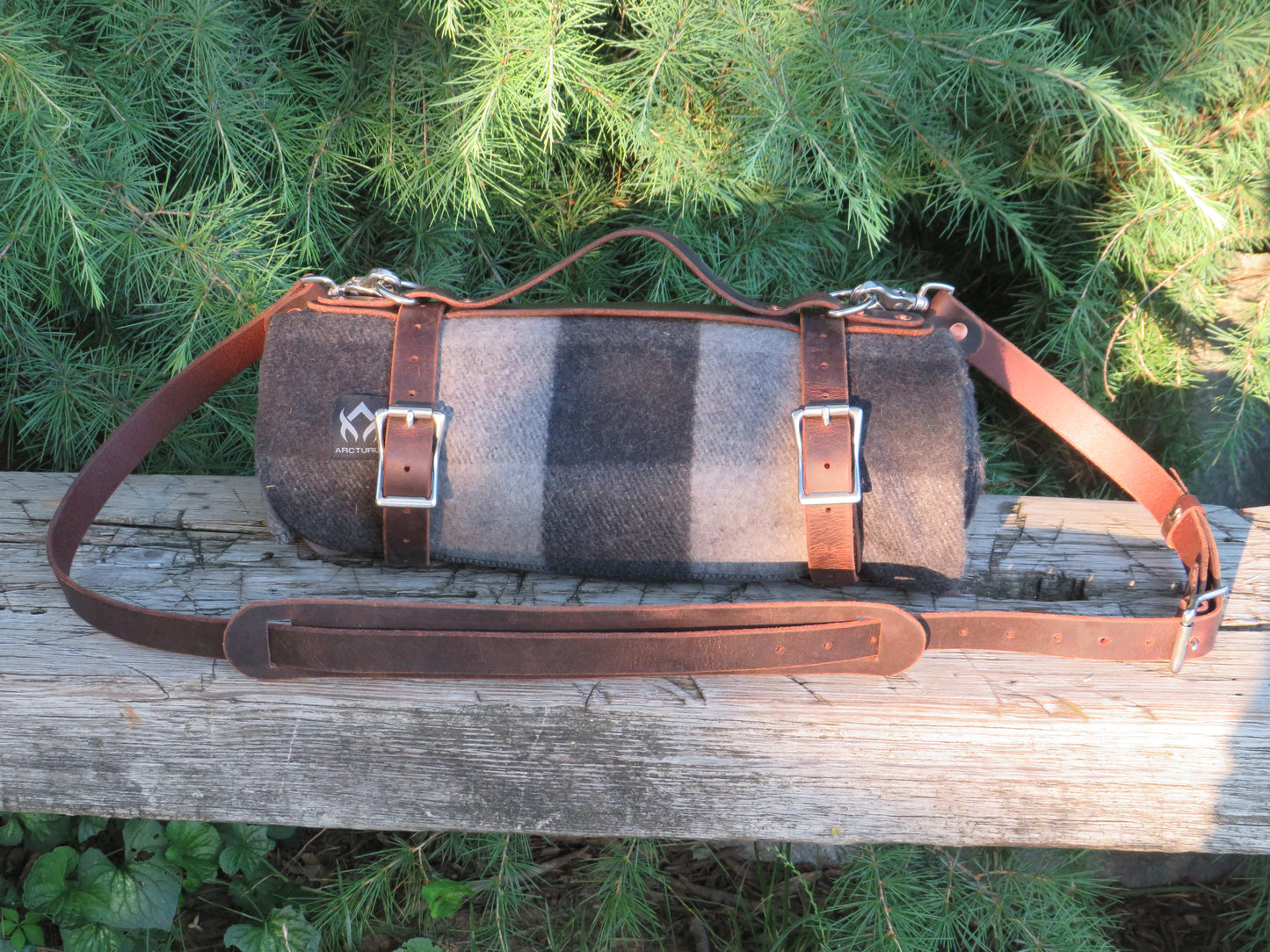 Hand made Crazy Horse Water Buffalo leather blanket carrier with matching water bottle carrier with wool blanket and bottle