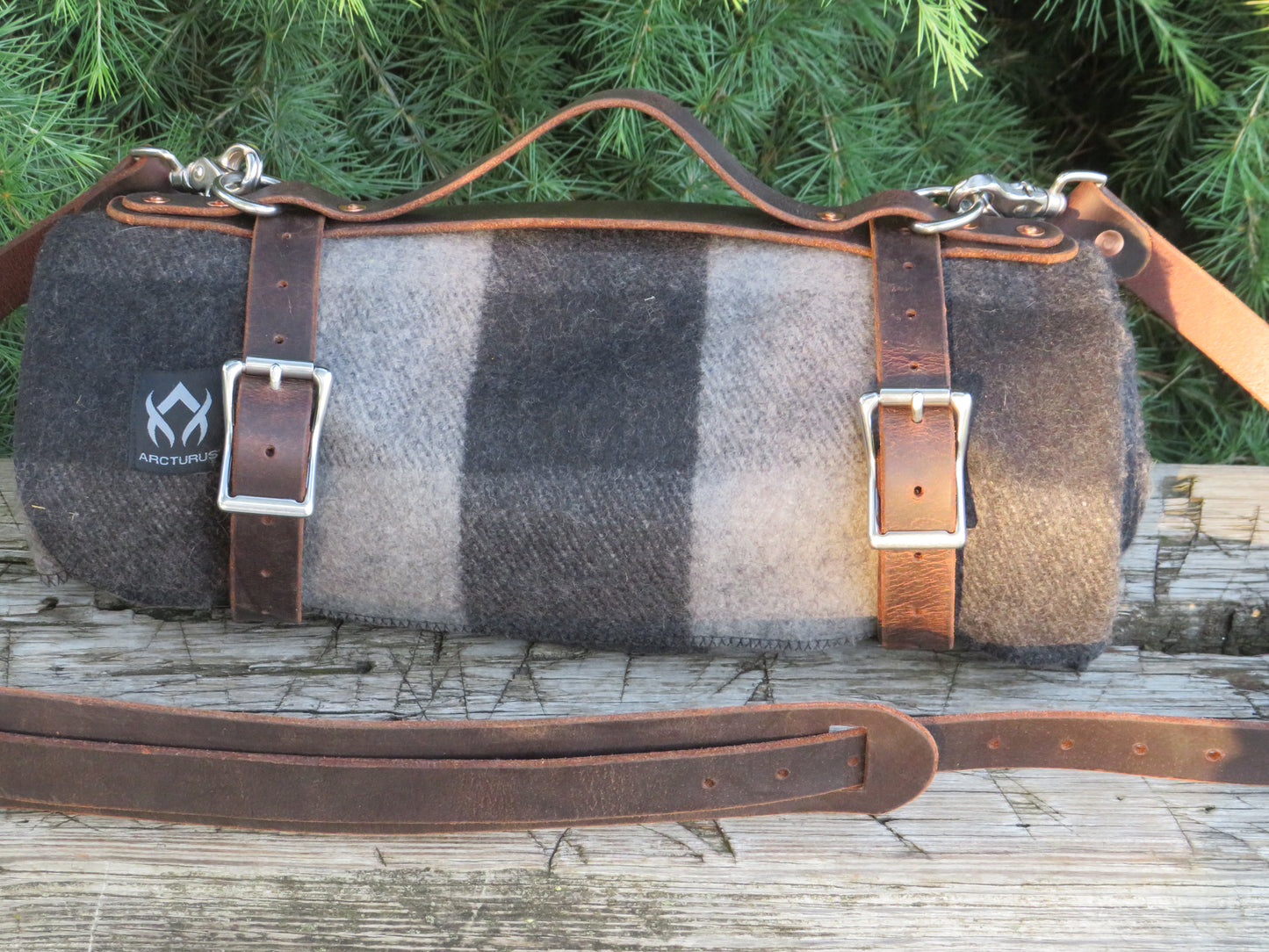 Hand made Crazy Horse Water Buffalo leather blanket carrier with matching water bottle carrier with wool blanket and bottle