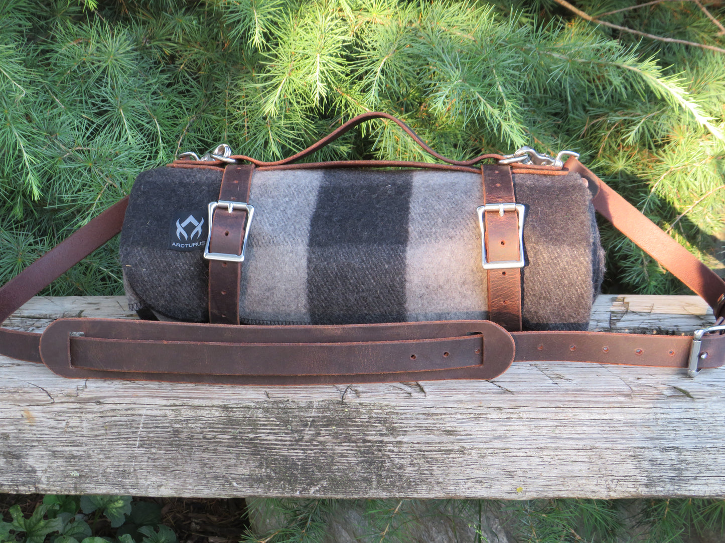 Hand made Crazy Horse Water Buffalo leather blanket carrier with matching water bottle carrier with wool blanket and bottle