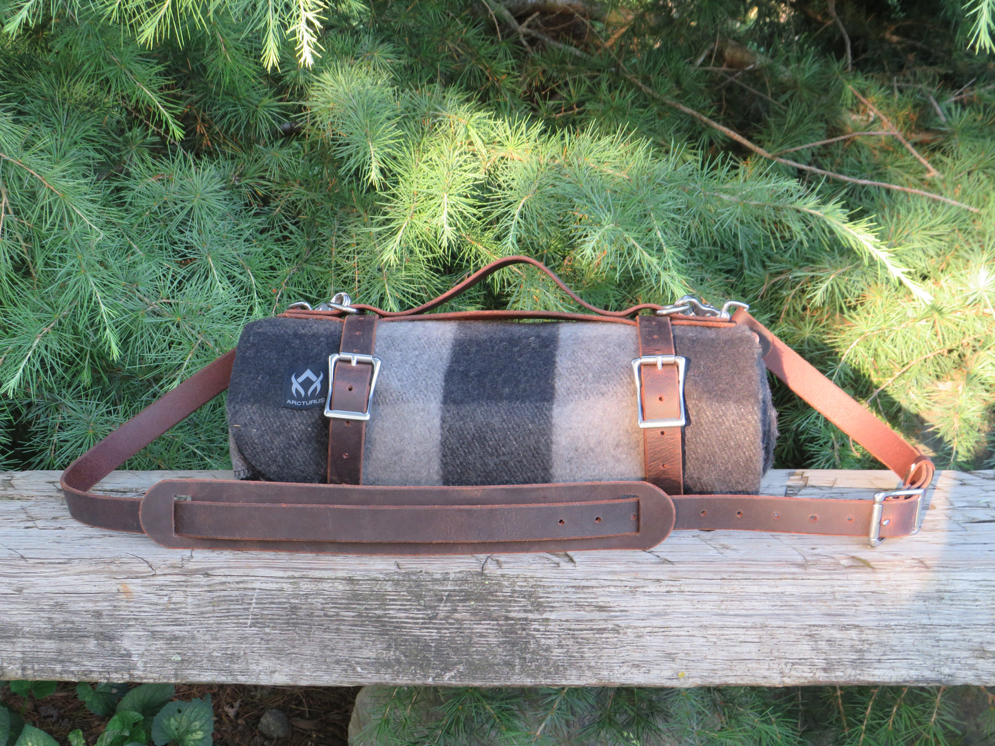 Hand made Crazy Horse Water Buffalo leather blanket carrier with matching water bottle carrier with wool blanket and bottle