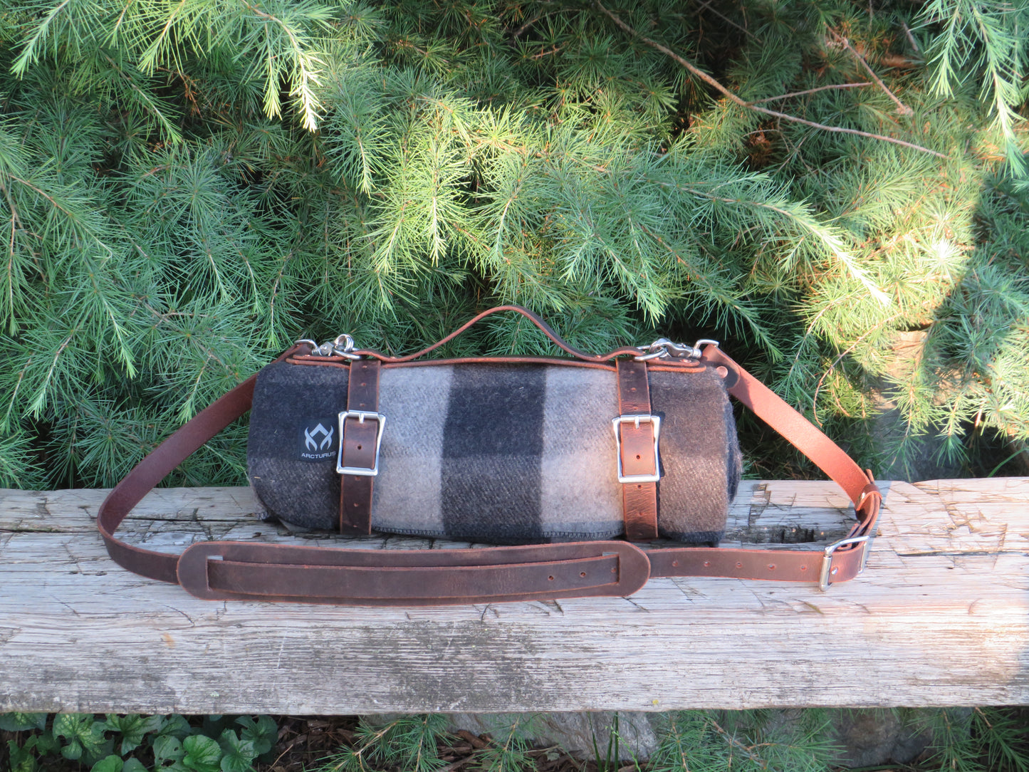 Hand made Crazy Horse Water Buffalo leather blanket carrier with matching water bottle carrier with wool blanket and bottle