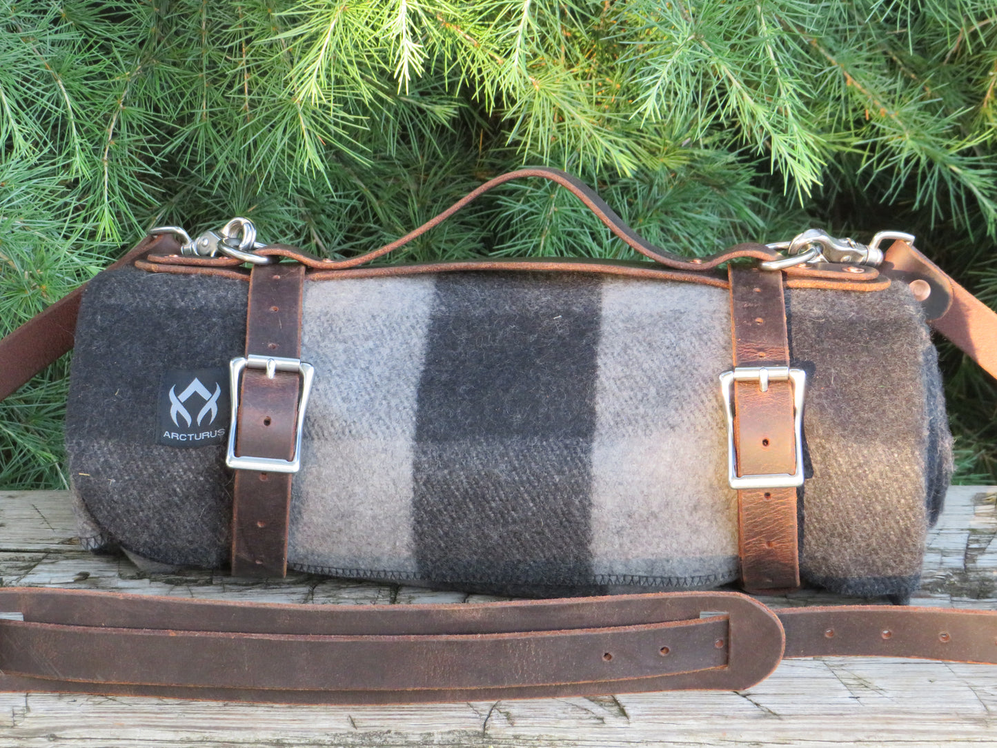 Hand made Crazy Horse Water Buffalo leather blanket carrier with matching water bottle carrier with wool blanket and bottle