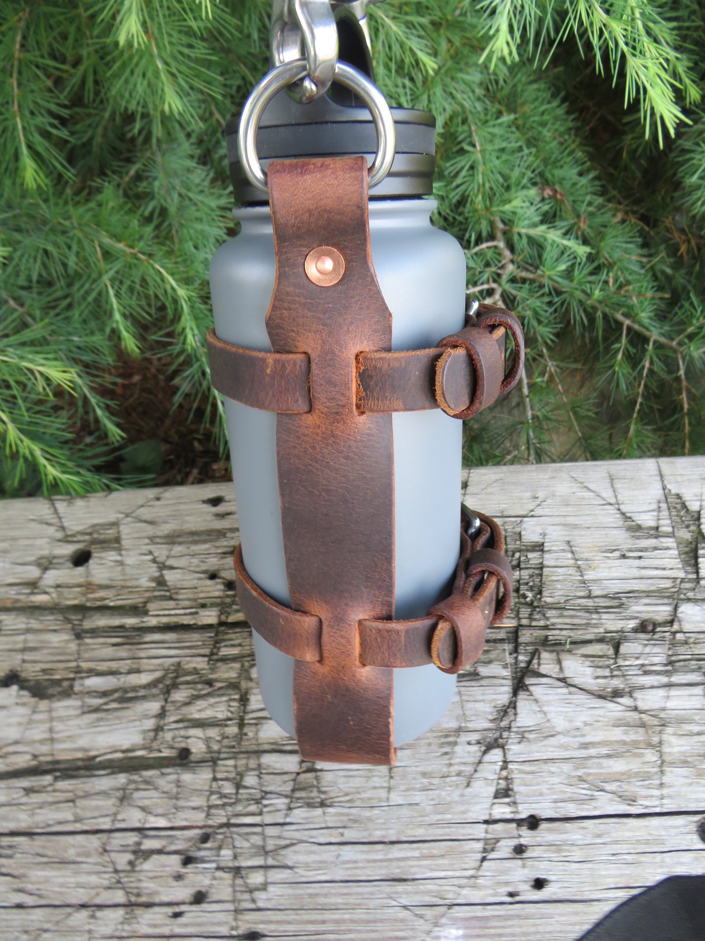 Hand made Crazy Horse Water Buffalo leather blanket carrier with matching water bottle carrier with wool blanket and bottle