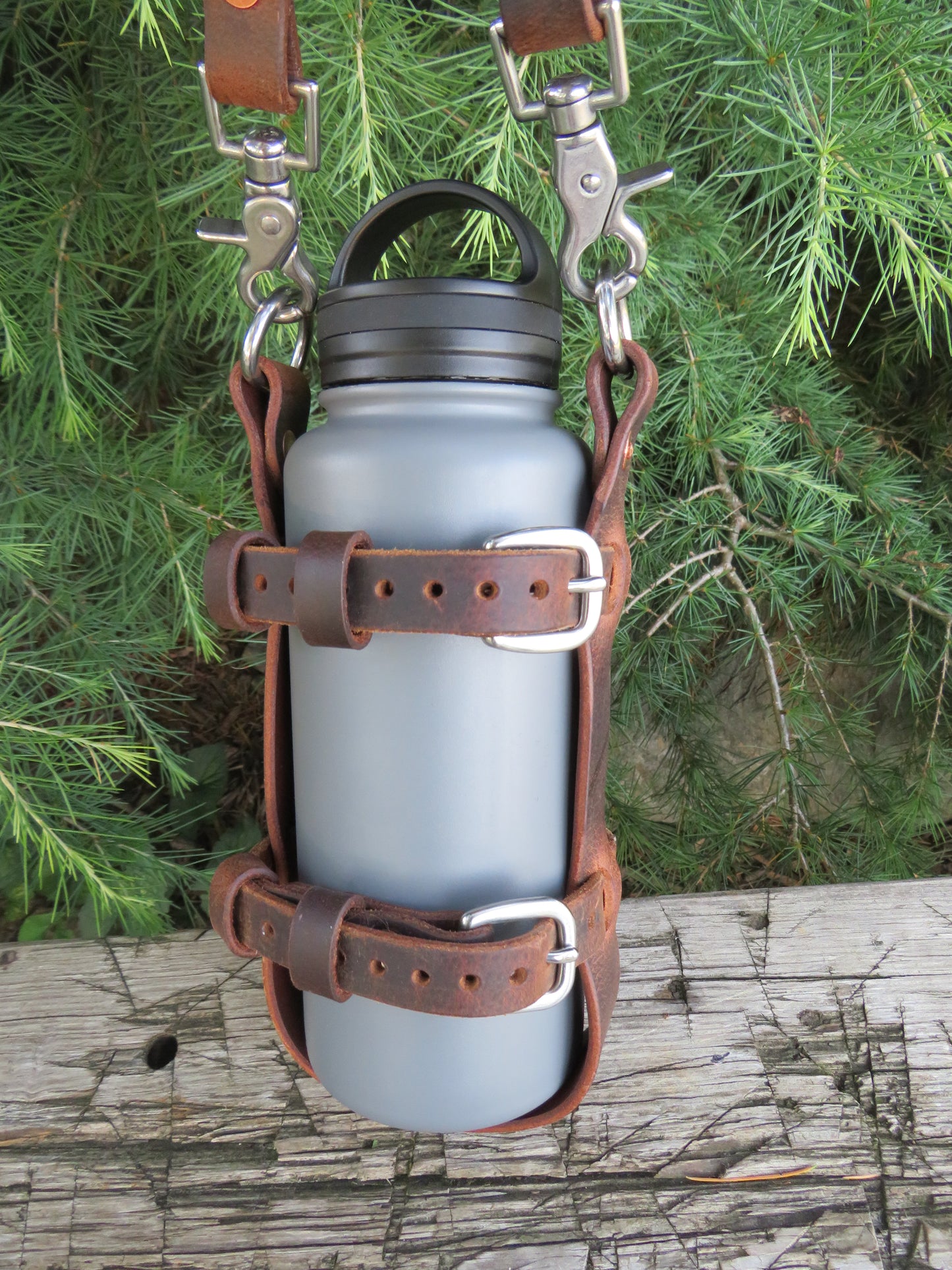 Hand made Crazy Horse Water Buffalo leather blanket carrier with matching water bottle carrier with wool blanket and bottle