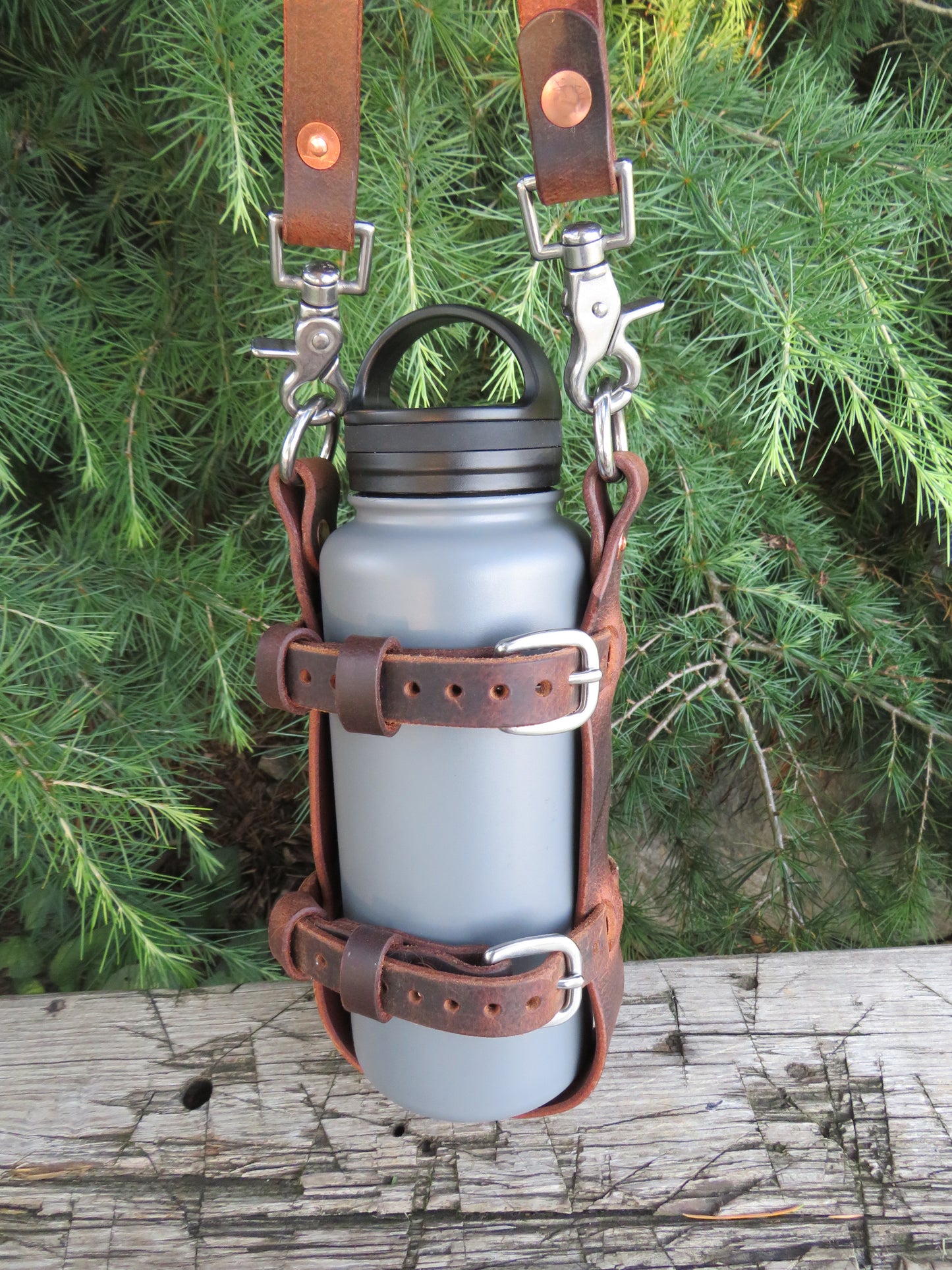 Hand made Crazy Horse Water Buffalo leather blanket carrier with matching water bottle carrier with wool blanket and bottle