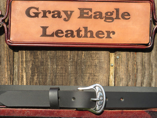 1" wide Full Grain Black leather belt with Horseshoe hardware