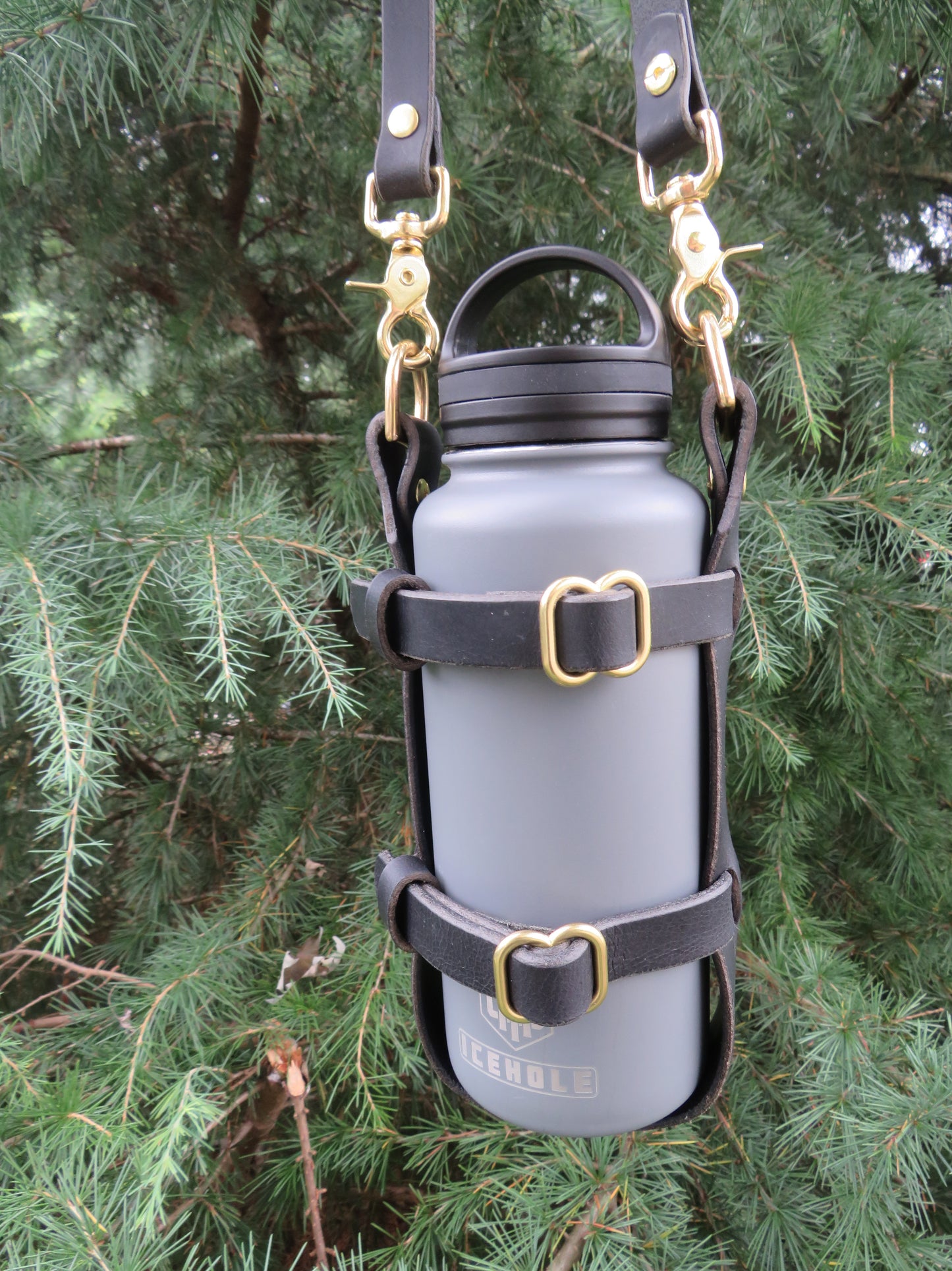 Adjustable leather water bottle carrier with shoulder strap Leather Water Bottle harness  Leather Water bottle shouldder strap (Copy)