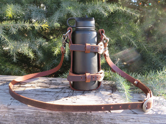 Adjustable Full Grain Water Buffalo leather water bottle carrier with shoulder strap