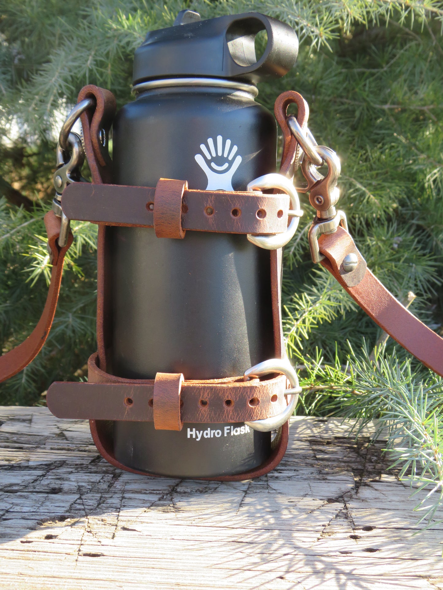 Adjustable Full Grain Water Buffalo leather water bottle carrier with shoulder strap