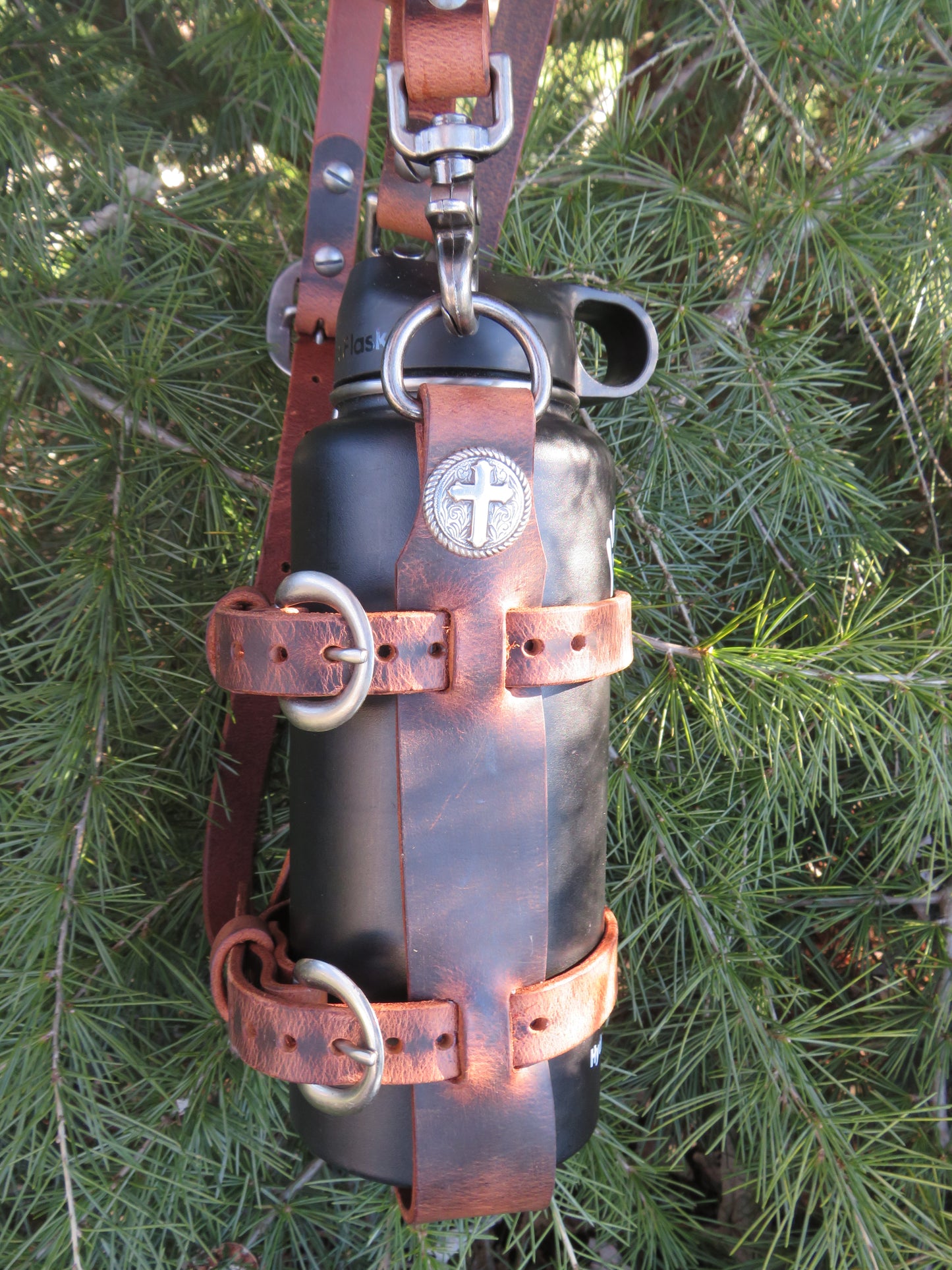 Adjustable Full Grain Water Buffalo leather water bottle carrier with shoulder strap