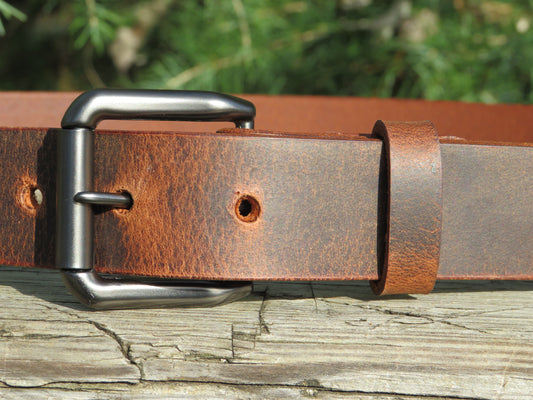 1 1/4" wide Mens Casual Vintage look Custom Handmade Belt Crazy Horse Water Buffalo Made in USA 1 1/4" wide