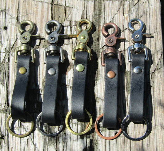 Small Handmade Black  Water Buffalo Full Grain Leather keychain, leather belt loop snap, leather belt loop key fob, leather key fob