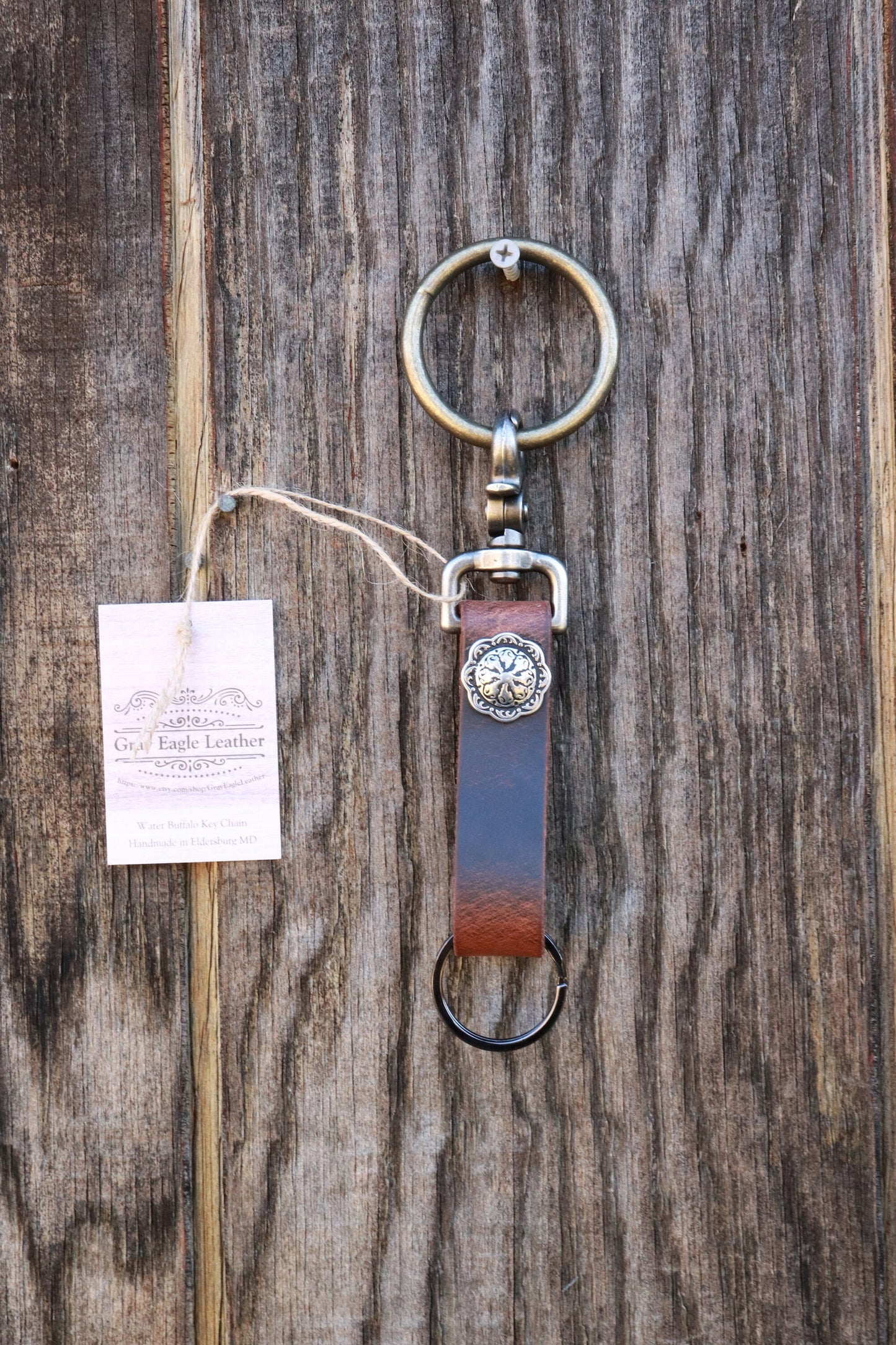 Handmade Crazy Horse brown Buffalo Leather keychain with Jeremiah Watt concho, belt loop key chain