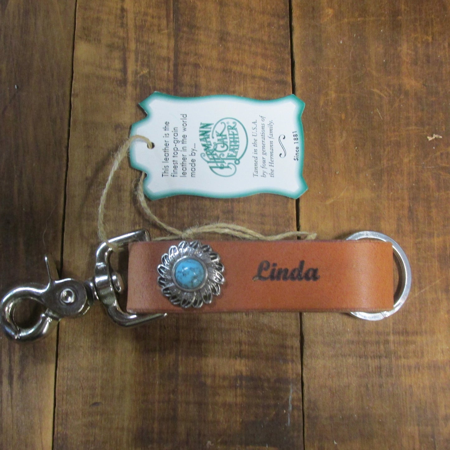 Handmade Hermann Oak Harness Leather keychain with turquoise stone concho