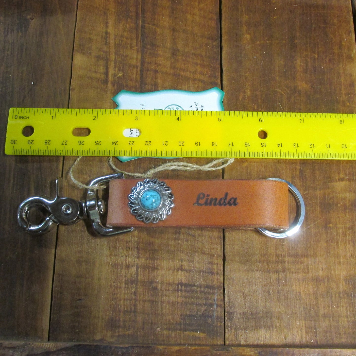 Handmade Hermann Oak Harness Leather keychain with turquoise stone concho