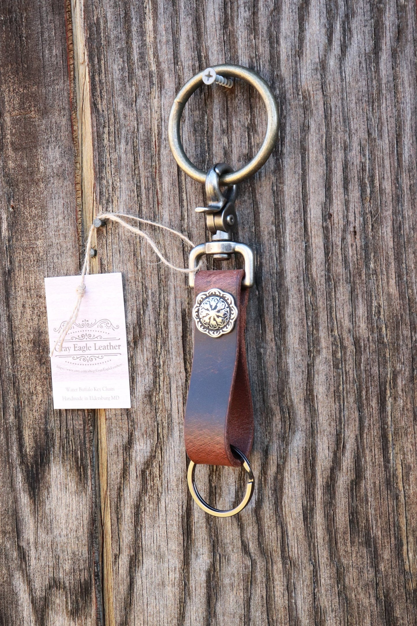 Handmade Crazy Horse brown Buffalo Leather keychain with Jeremiah Watt concho, belt loop key chain