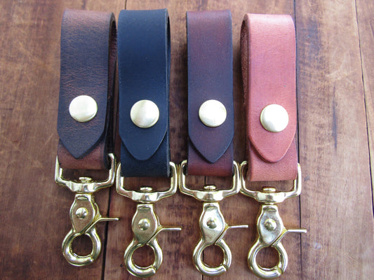 Handmade Hermann Oak latigo leather keychain with solid brass keyring and snap.