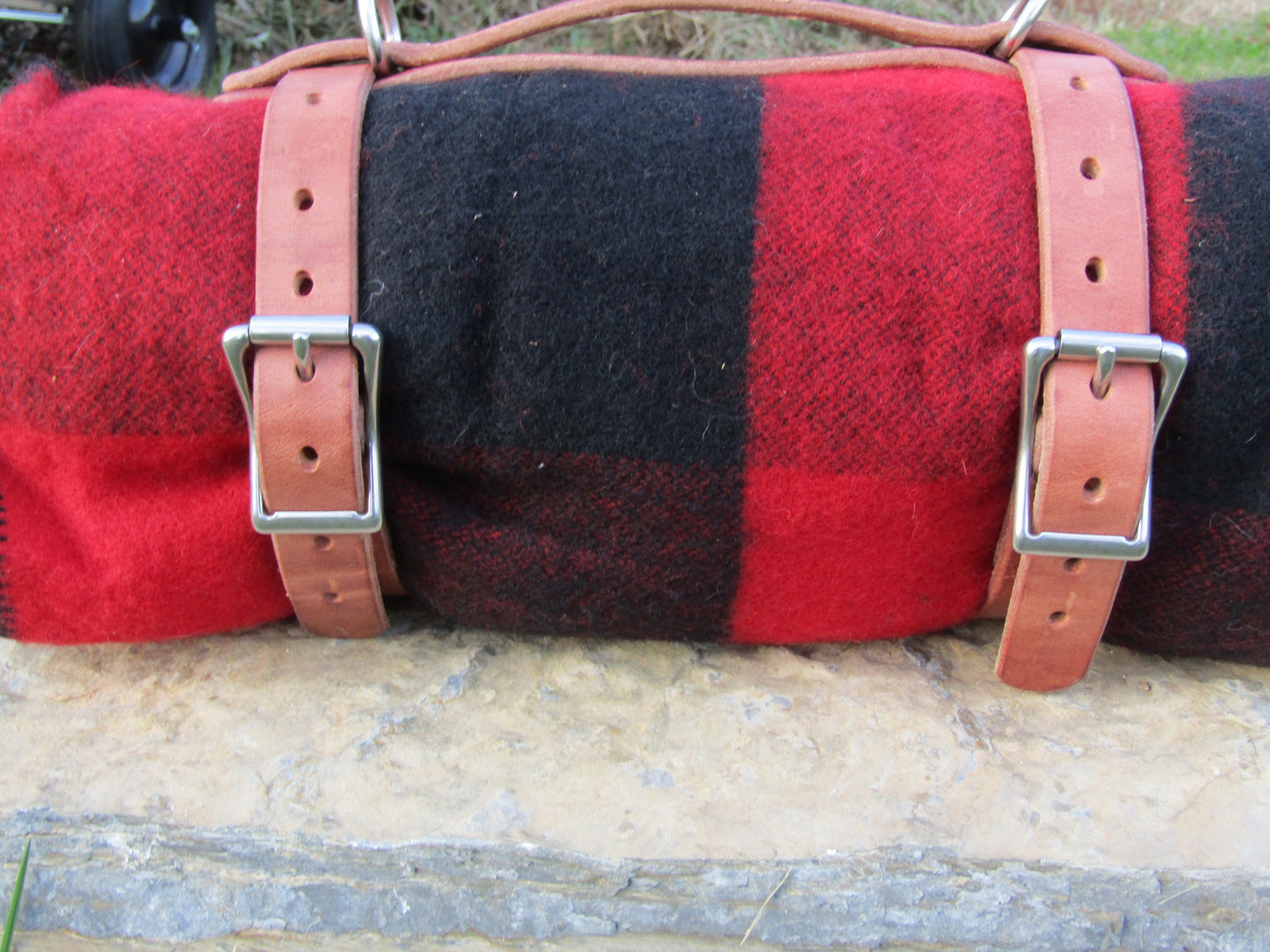 Hand made Hermann Oak harness leather blanket carrier/ blanket harness/bedroll, stainless hardware and handriven copper rivets