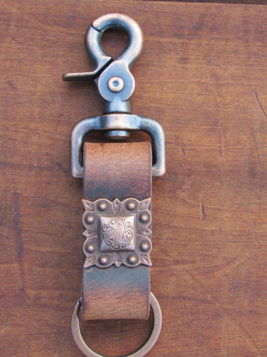 Handmade Crazy Horse Water Buffalo Full Grain Leather keychain with antique copper concho