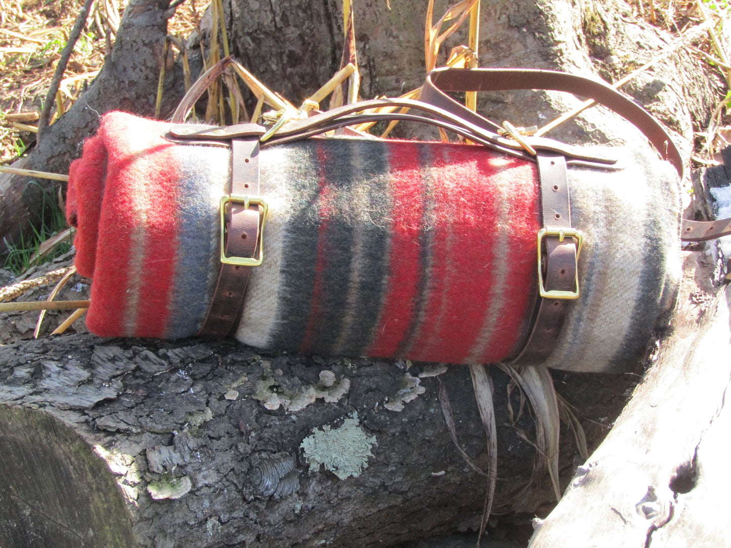 Hand made Crazy Horse Water Buffalo veg tanned leather blanket carrier/ blanket harness/bedroll, solid brass rivets and hardware