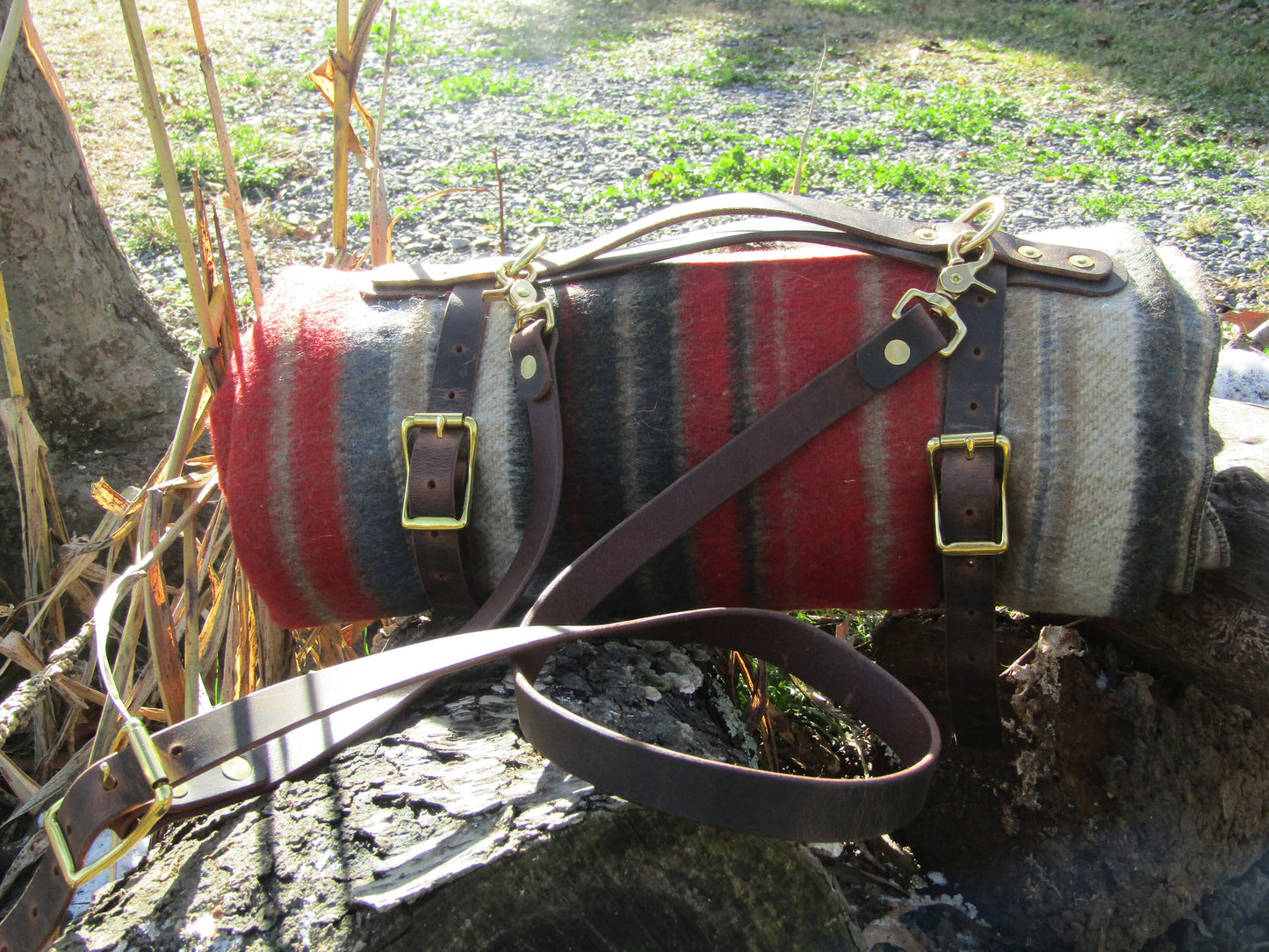 Hand made Crazy Horse Water Buffalo veg tanned leather blanket carrier/ blanket harness/bedroll, solid brass rivets and hardware