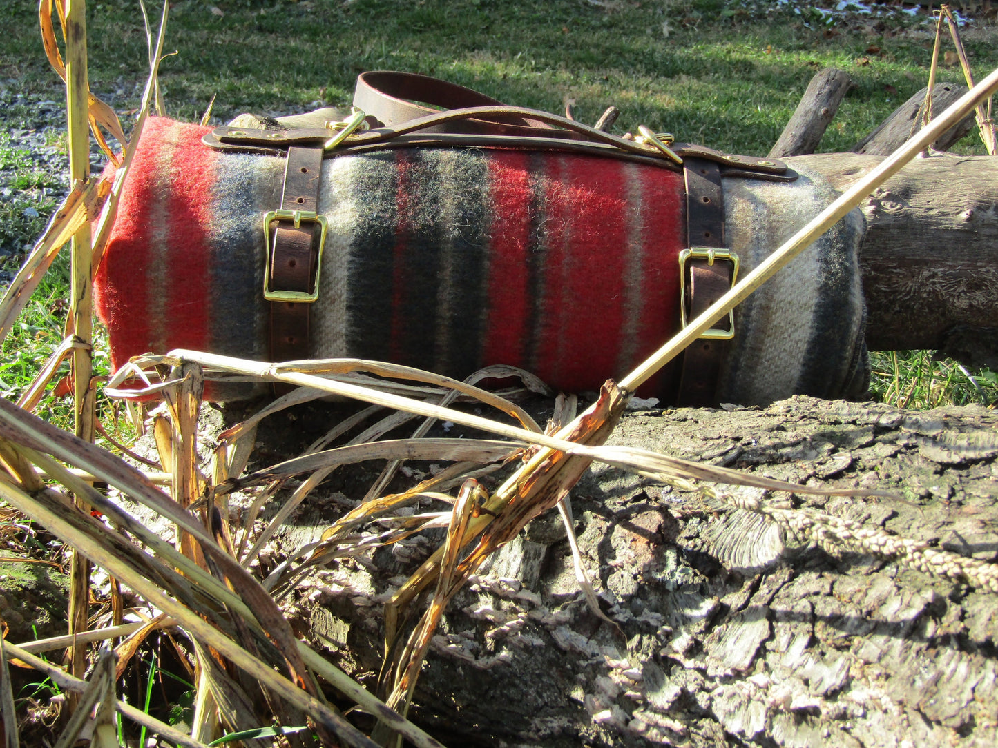 Hand made Crazy Horse Water Buffalo veg tanned leather blanket carrier/ blanket harness/bedroll, solid brass rivets and hardware