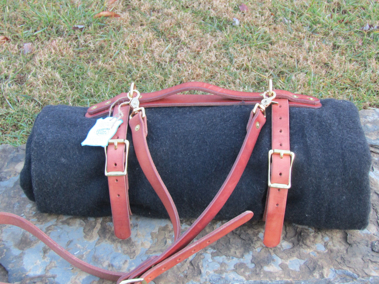 Ships Today Hand made Hermann Oak harness leather blanket carrier/ blanket harness/ leather bedroll, leather blanket straps/