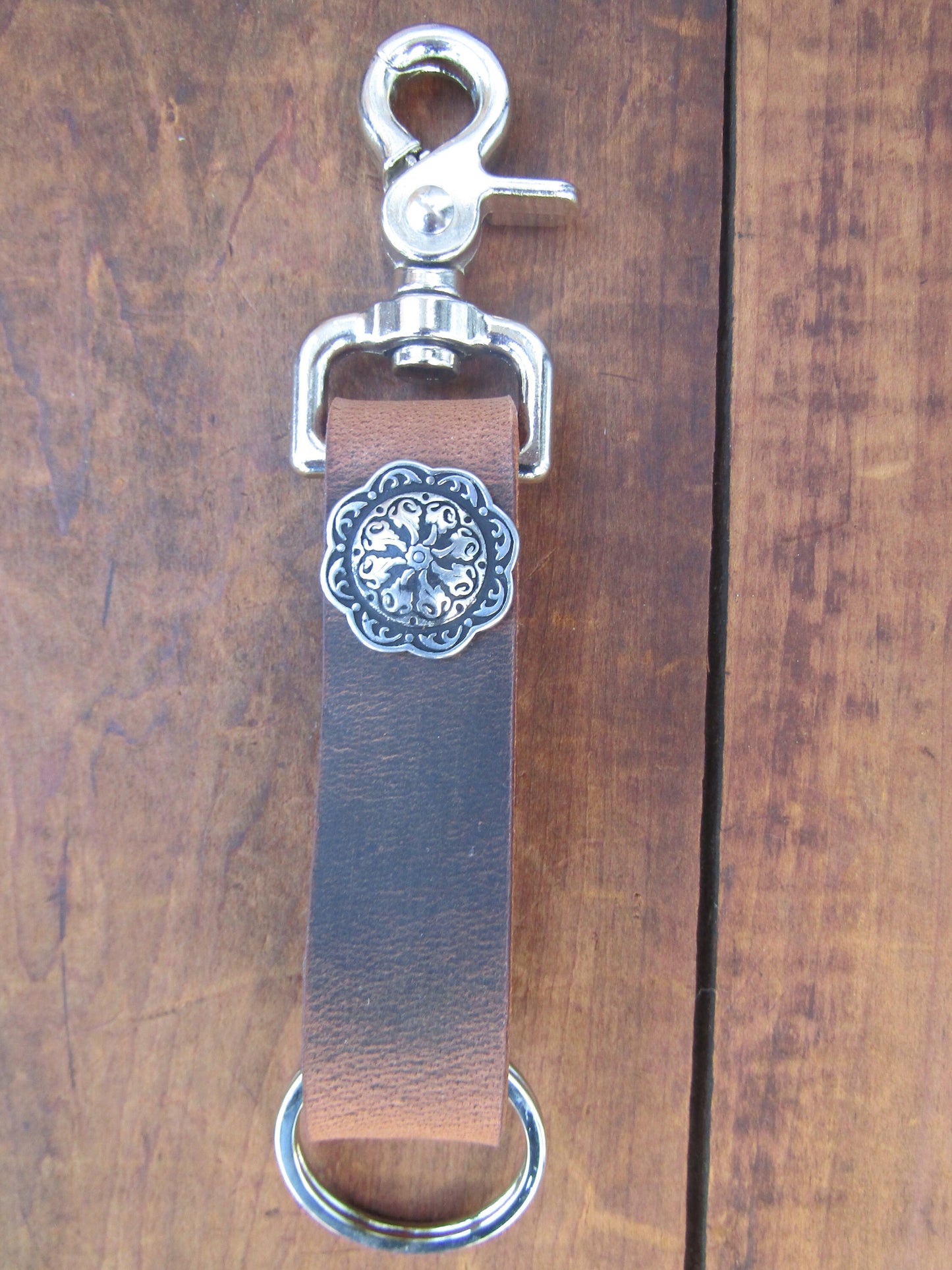 Handmade Crazy Horse brown Buffalo Leather keychain with Jeremiah Watt concho, belt loop key chain