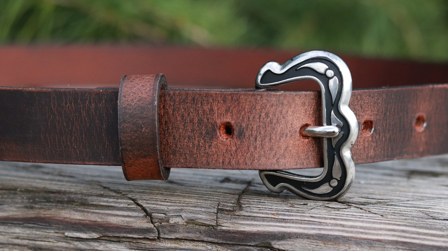 Narrow leather belt/ Womans Belt Jeremiah Watt  buckle belt/full grain brown leather womans belt,1 inch wide belt