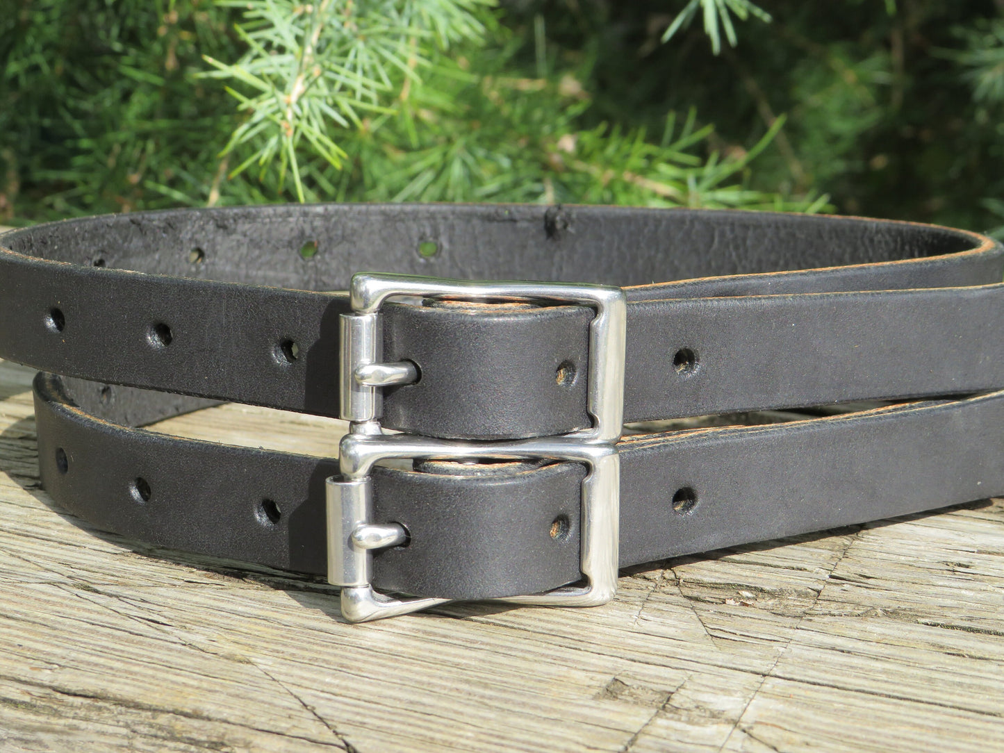 Ships Today Pair of Black Bridle leather straps, camping straps, utility straps, blanket straps, leather edc straps, bedroll straps