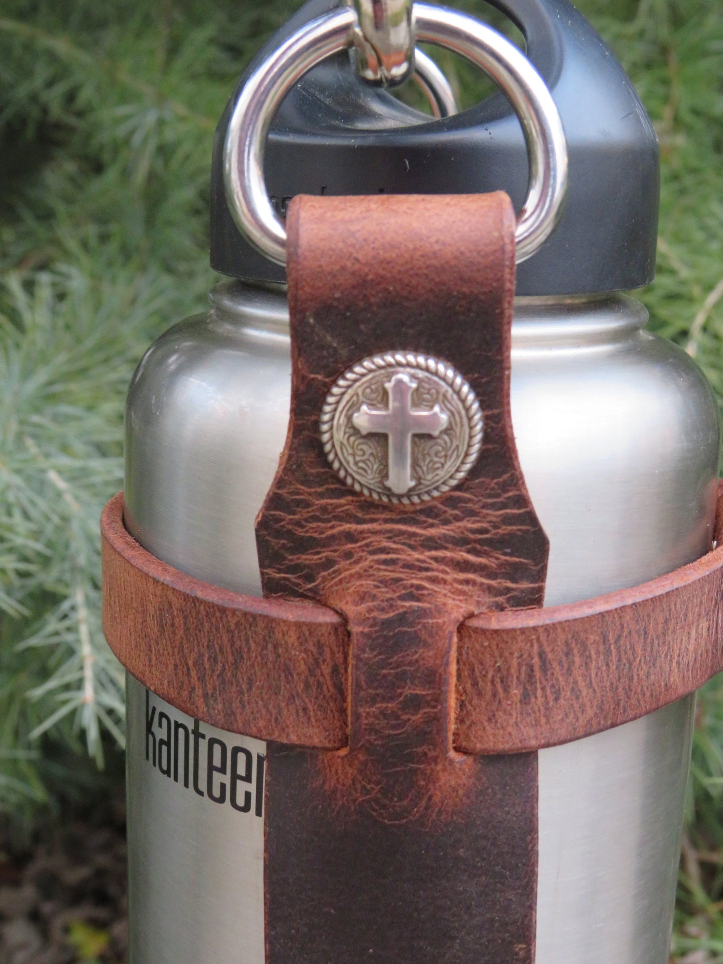 Ships Today! Adjustable Handmade Full Grain Water Buffalo leather water bottle carrier with shoulder strap,