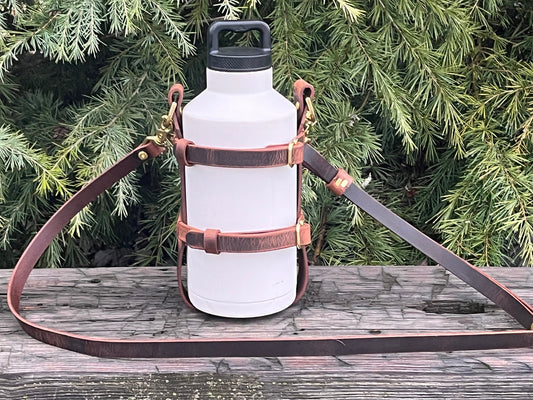 Adjustable Full Grain Water Buffalo leather water bottle carrier with shoulder strap- half gallon