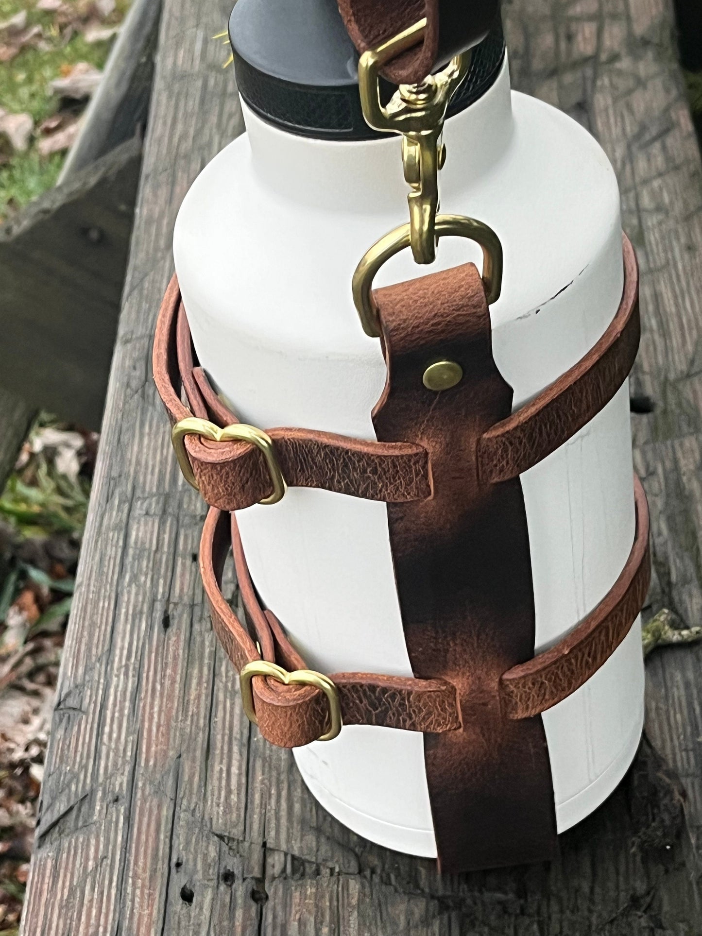 Adjustable Full Grain Water Buffalo leather water bottle carrier with shoulder strap- half gallon