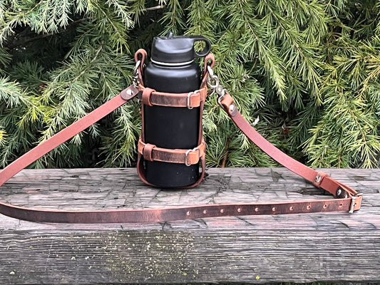 Adjustable Handmade Full Grain Water Buffalo leather water bottle carrier with shoulder strap, Custom made