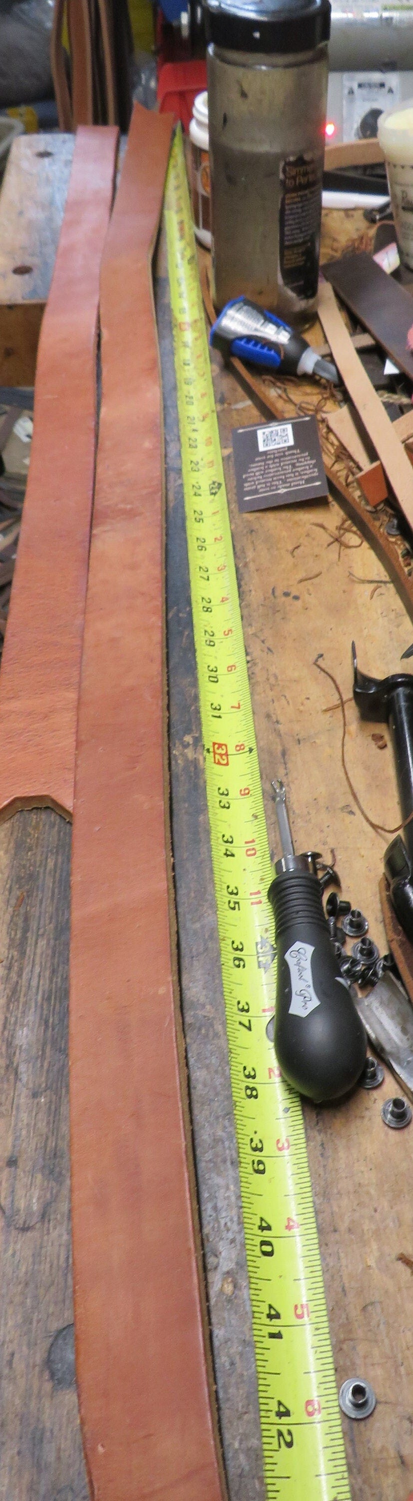 2 Hermann Oak harness leather straps over 32 inch in length and  almost 1/4" thick & 1 1/2" wide, leather DIY leather project,leather straps