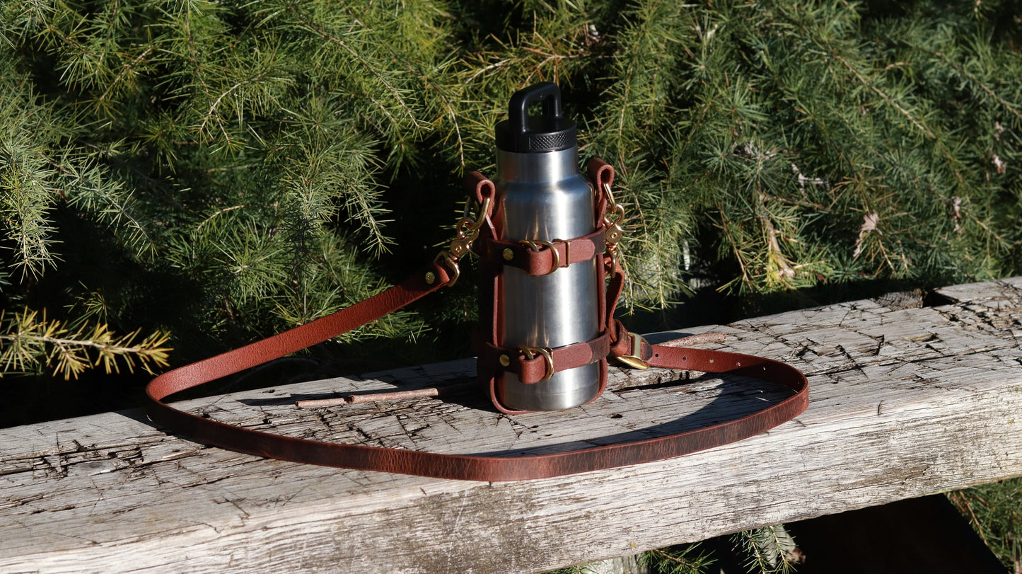 Adjustable Full Grain leather water bottle carrier with shoulder strap,can be made to fit any bottle, handmade, custom leather