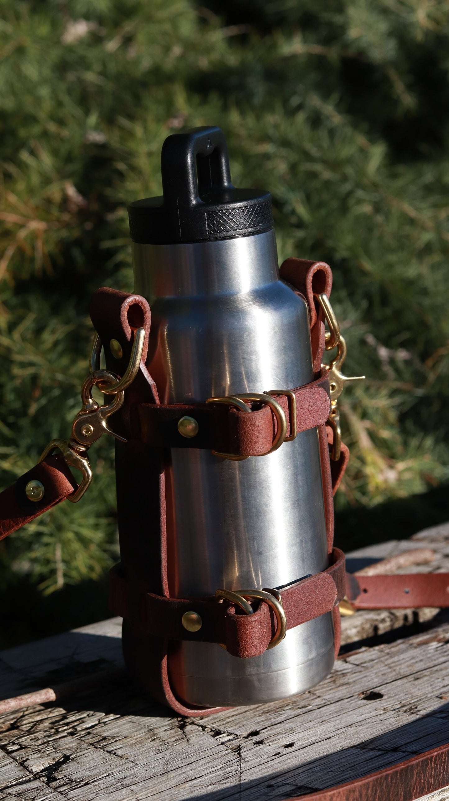 Adjustable Full Grain leather water bottle carrier with shoulder strap,can be made to fit any bottle, handmade, custom leather