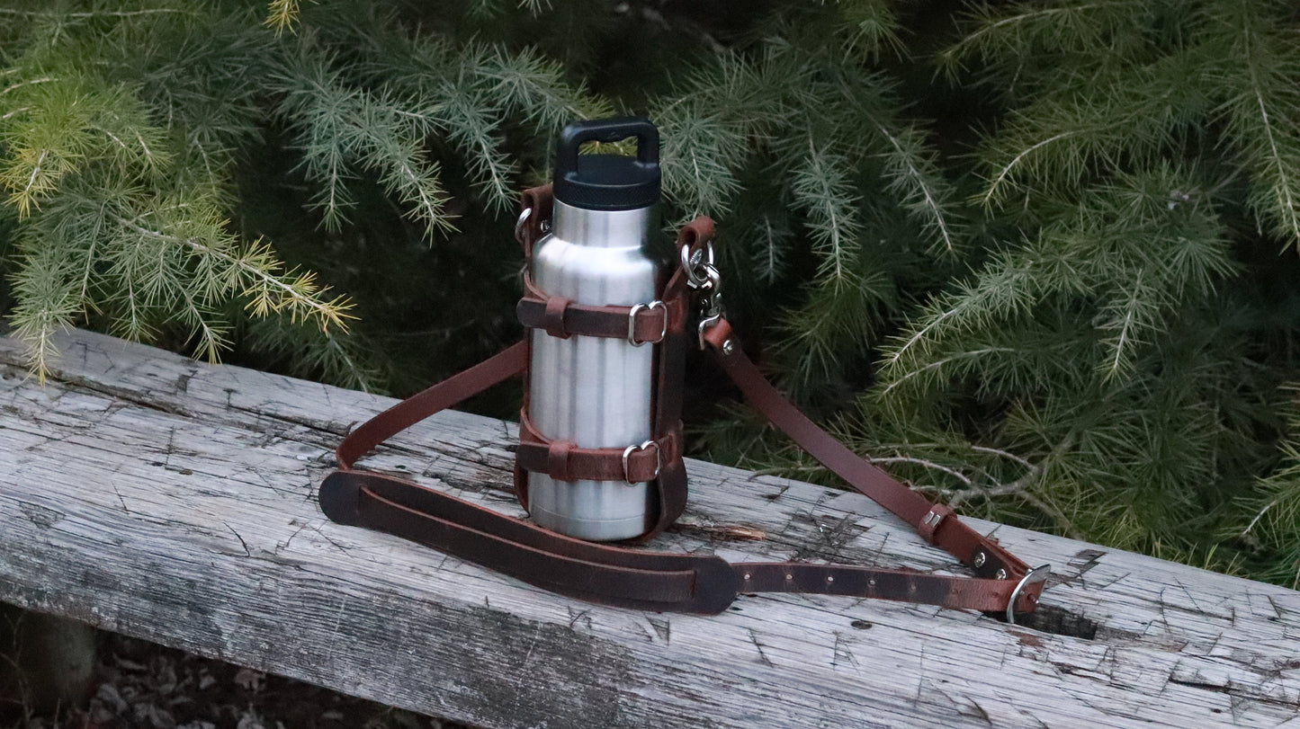 Ships Today! Adjustable Handmade Full Grain Water Buffalo leather water bottle carrier with shoulder strap,