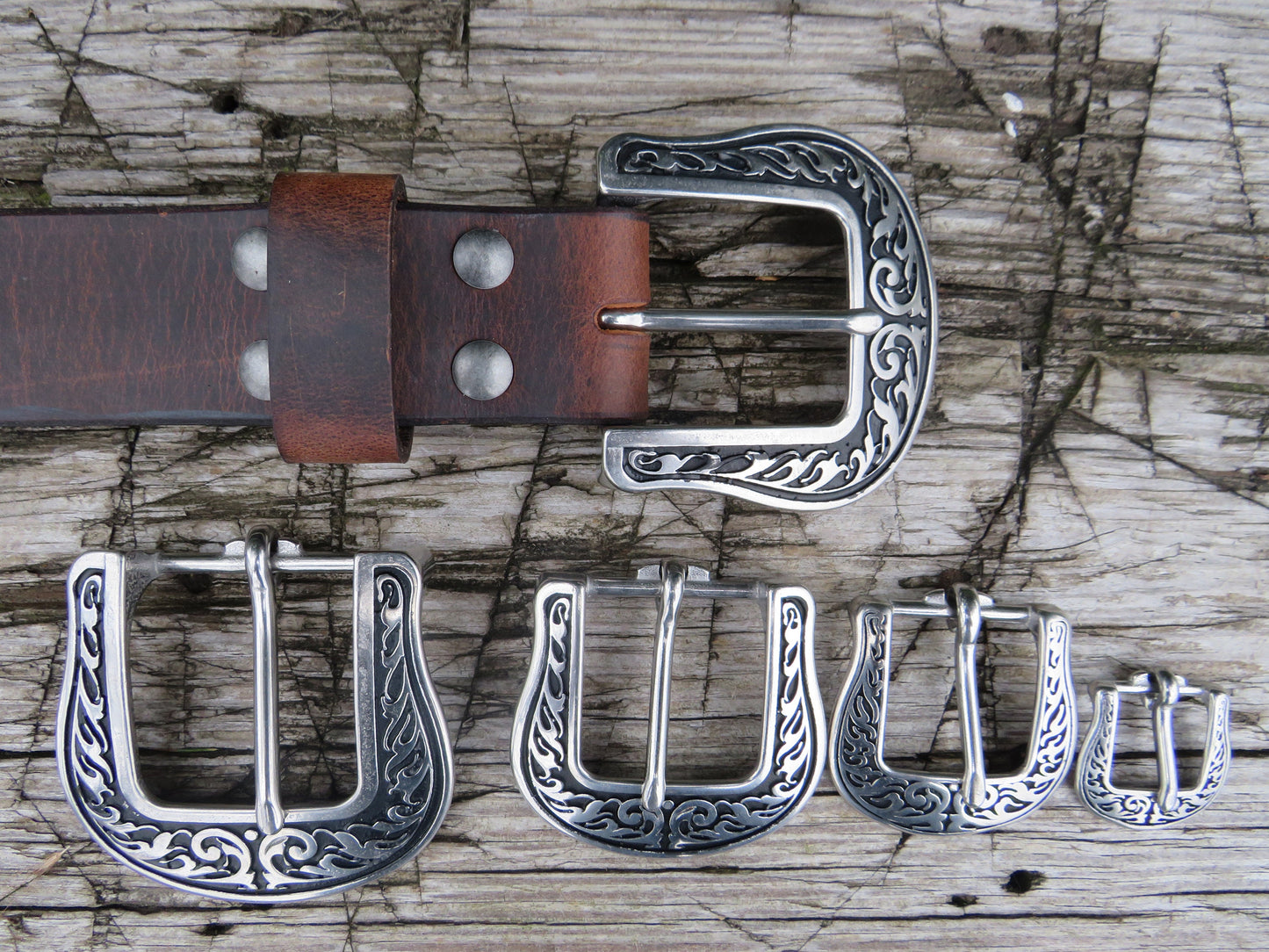 Pair of Jeremiah Watt Floral buckles, horseshoe brand hardware, stainless steel, Horse, pony, western Floral, headstall, tack, buckle