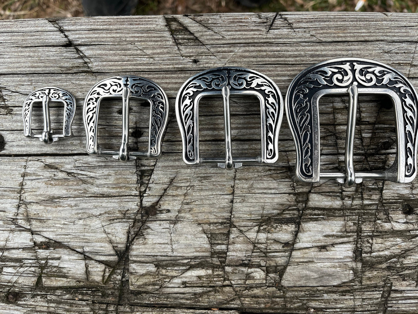 Pair of Jeremiah Watt Floral buckles, horseshoe brand hardware, stainless steel, Horse, pony, western Floral, headstall, tack, buckle