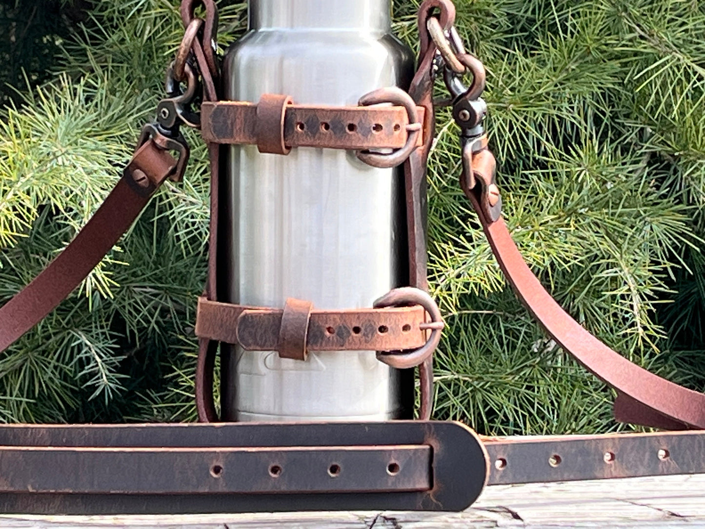 Adjustable Full Grain Water Buffalo leather water bottle carrier with shoulder strap, copper finish conchos & copper buckles , shoulder pad