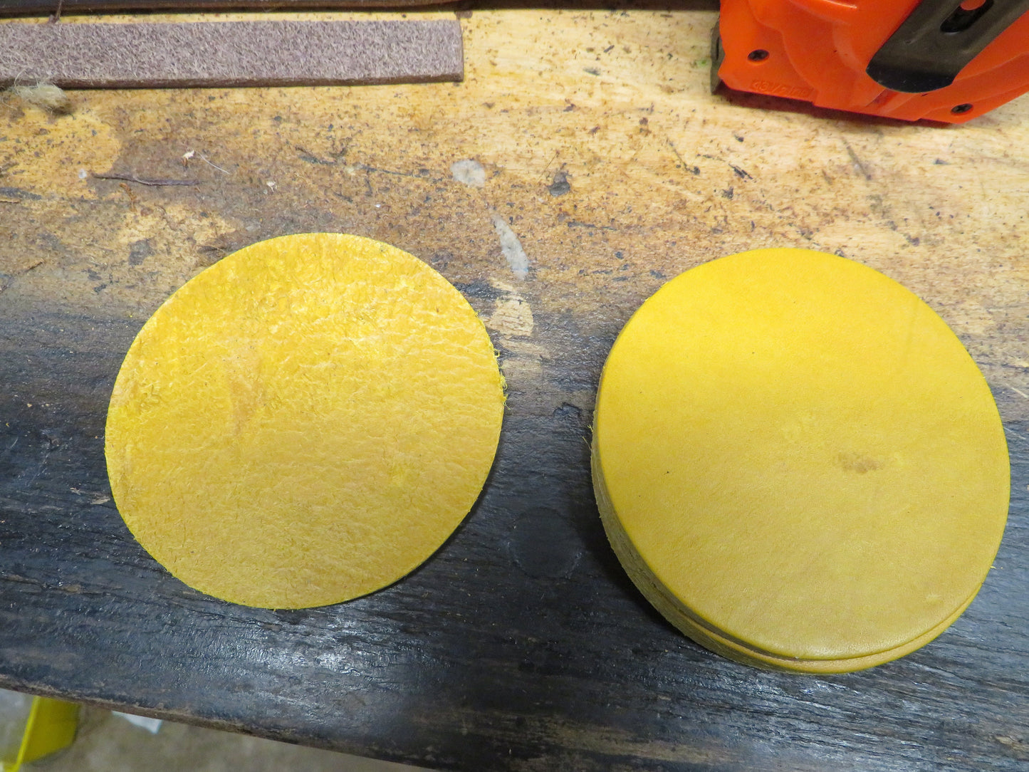 Ships today!! Set of 4 Full Grain Yellow Leather coasters, finish them your way, or use them like this