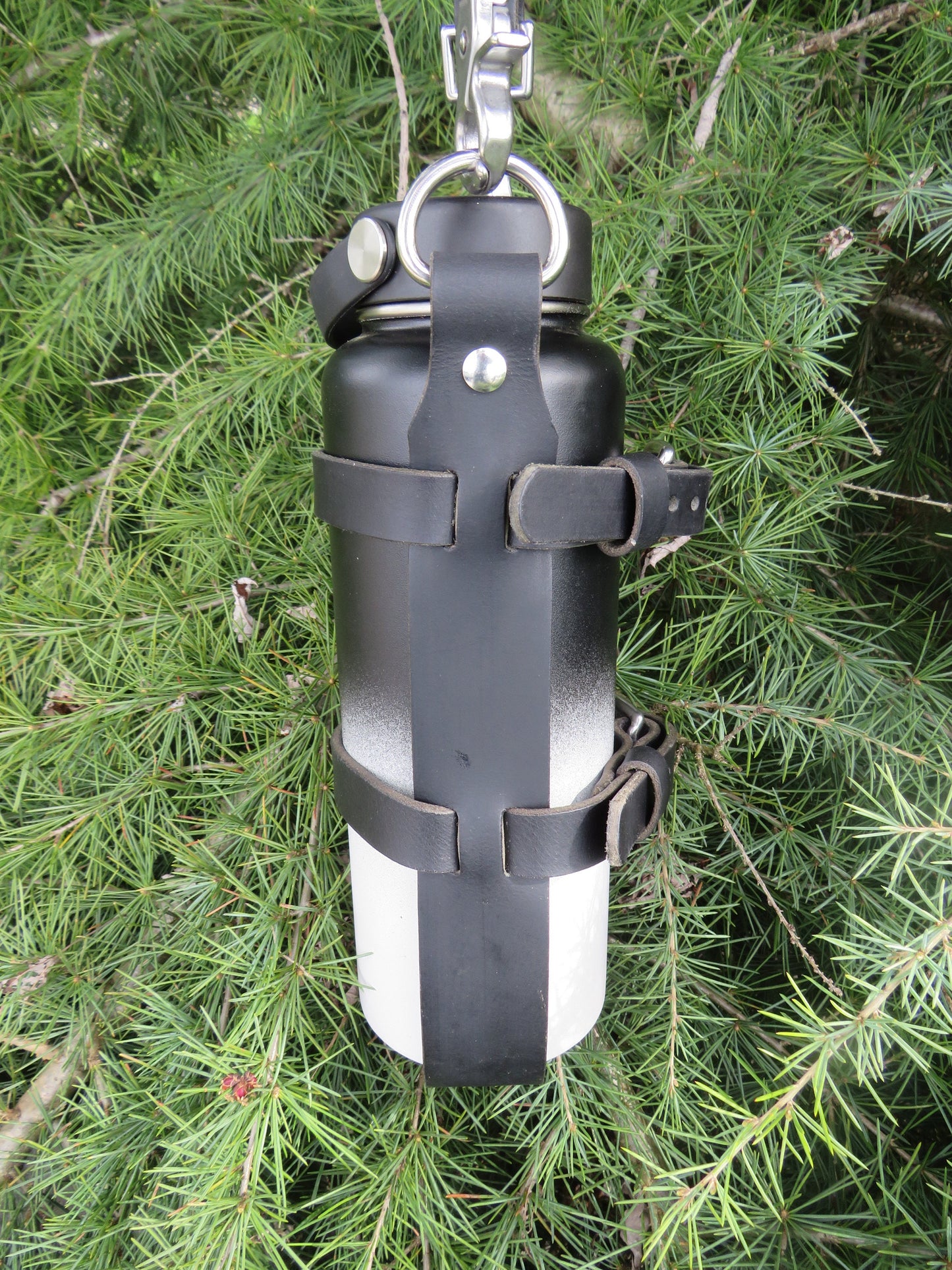 Adjustable  Handmade Full Grain Black leather water bottle carrier with shoulder strap and shoulder pad, Stainless Steel buckles